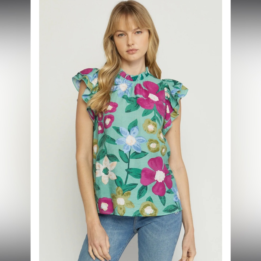 Entro Green Floral Ruffle Blouse Size Large